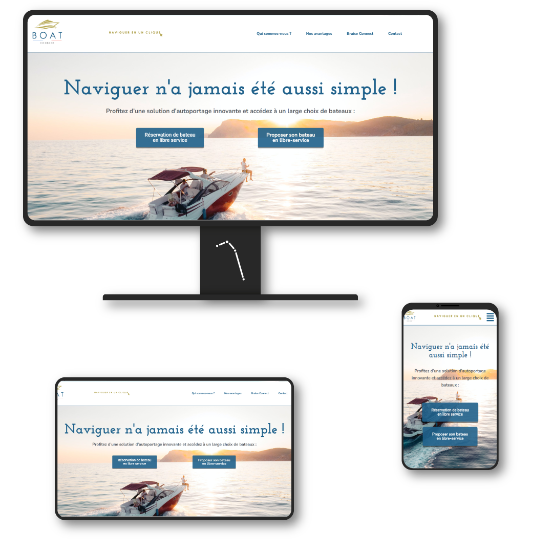 présentation du site web Boat Connect en version bureau, tablette et mobile